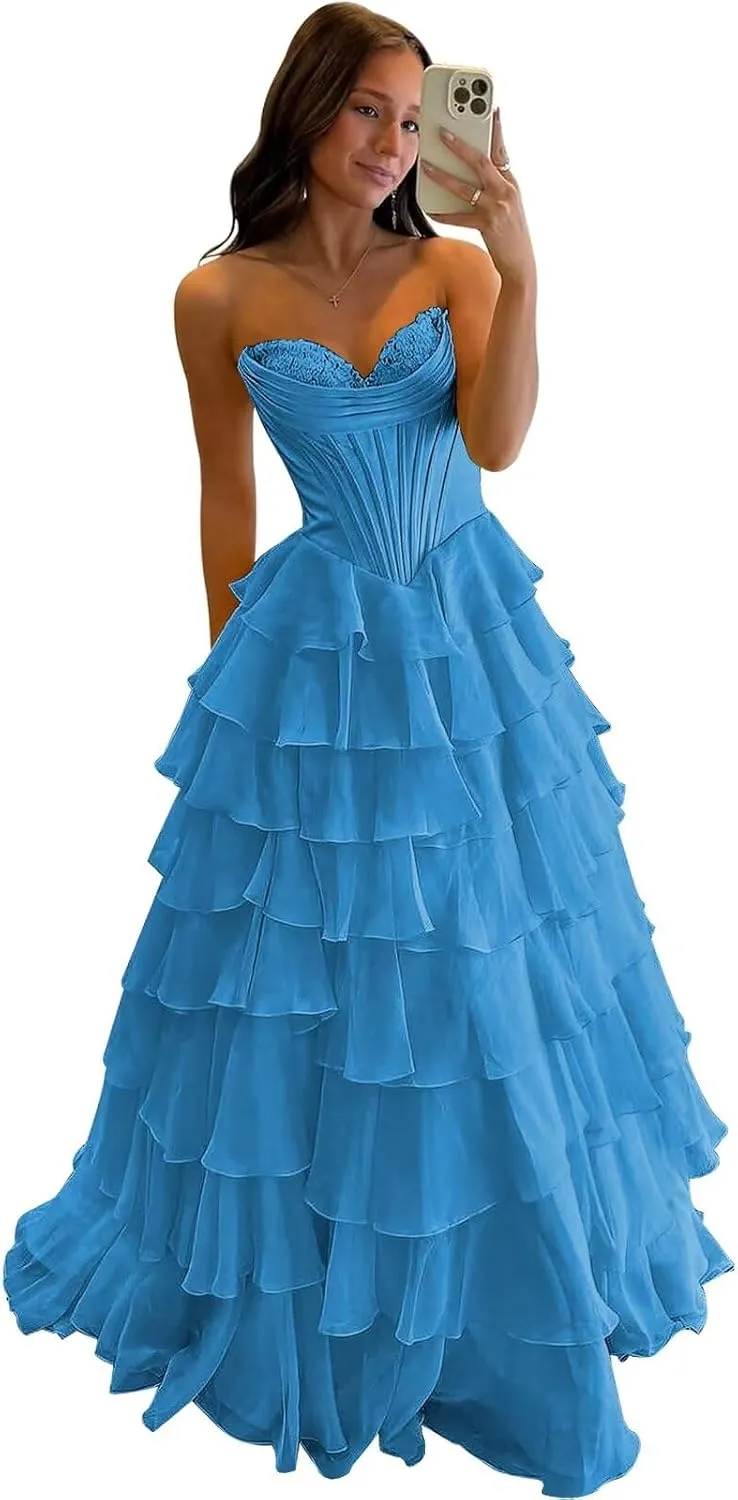 TORYEMY Strapless Corset Prom Dresses for Women 2025 Long Tiered Ruffle Chiffon Formal Evening Gown with Slit
