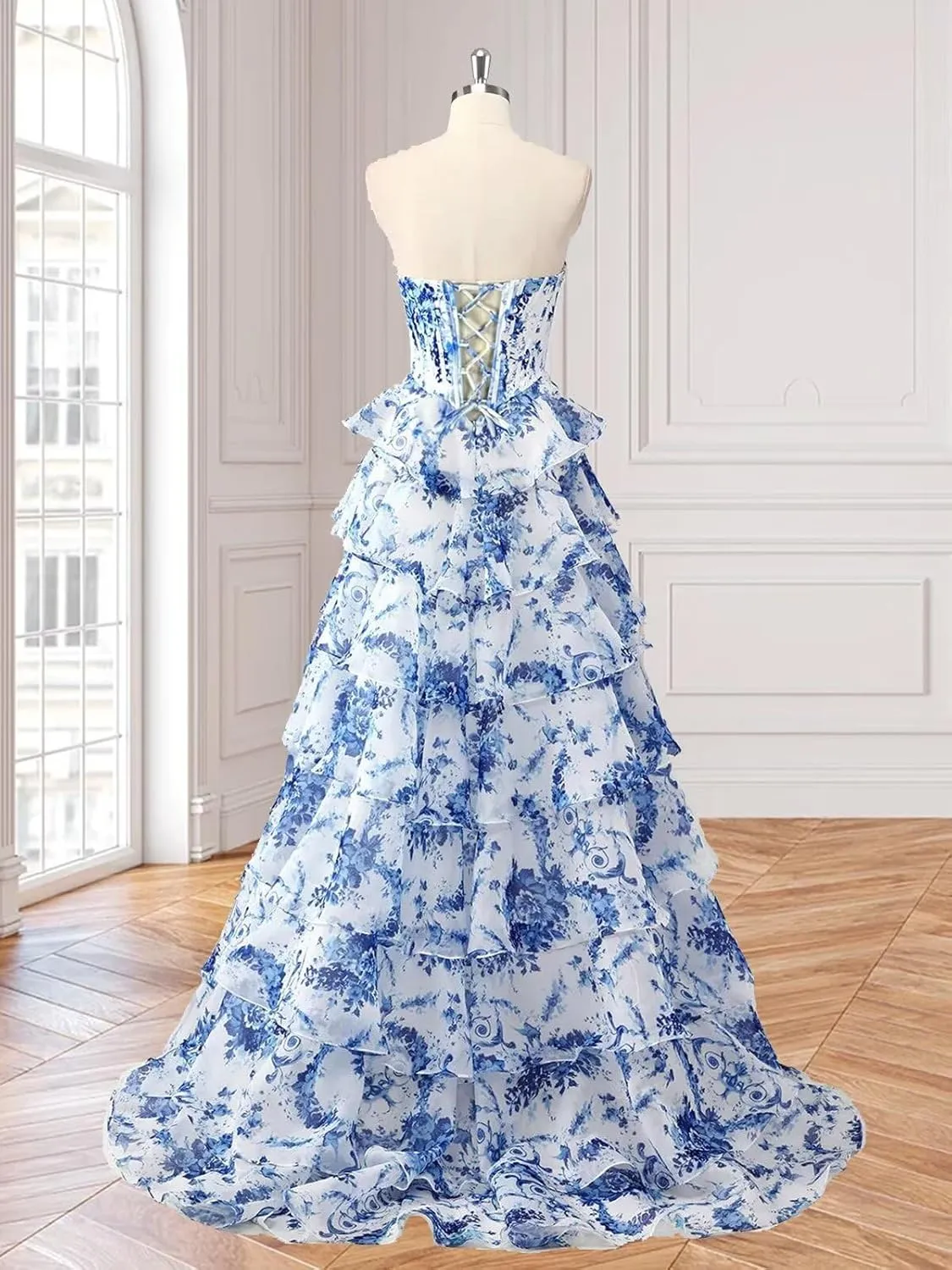 TORYEMY Strapless Corset Prom Dresses for Women 2025 Long Tiered Ruffle Chiffon Formal Evening Gown with Slit