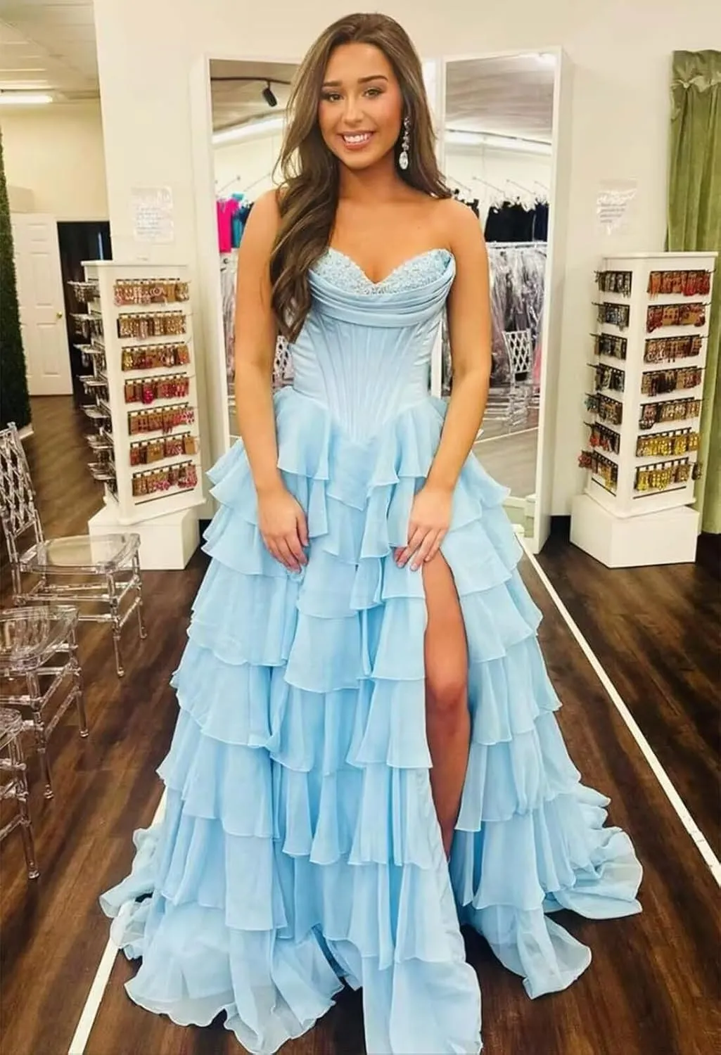 TORYEMY Strapless Corset Prom Dresses for Women 2025 Long Tiered Ruffle Chiffon Formal Evening Gown with Slit