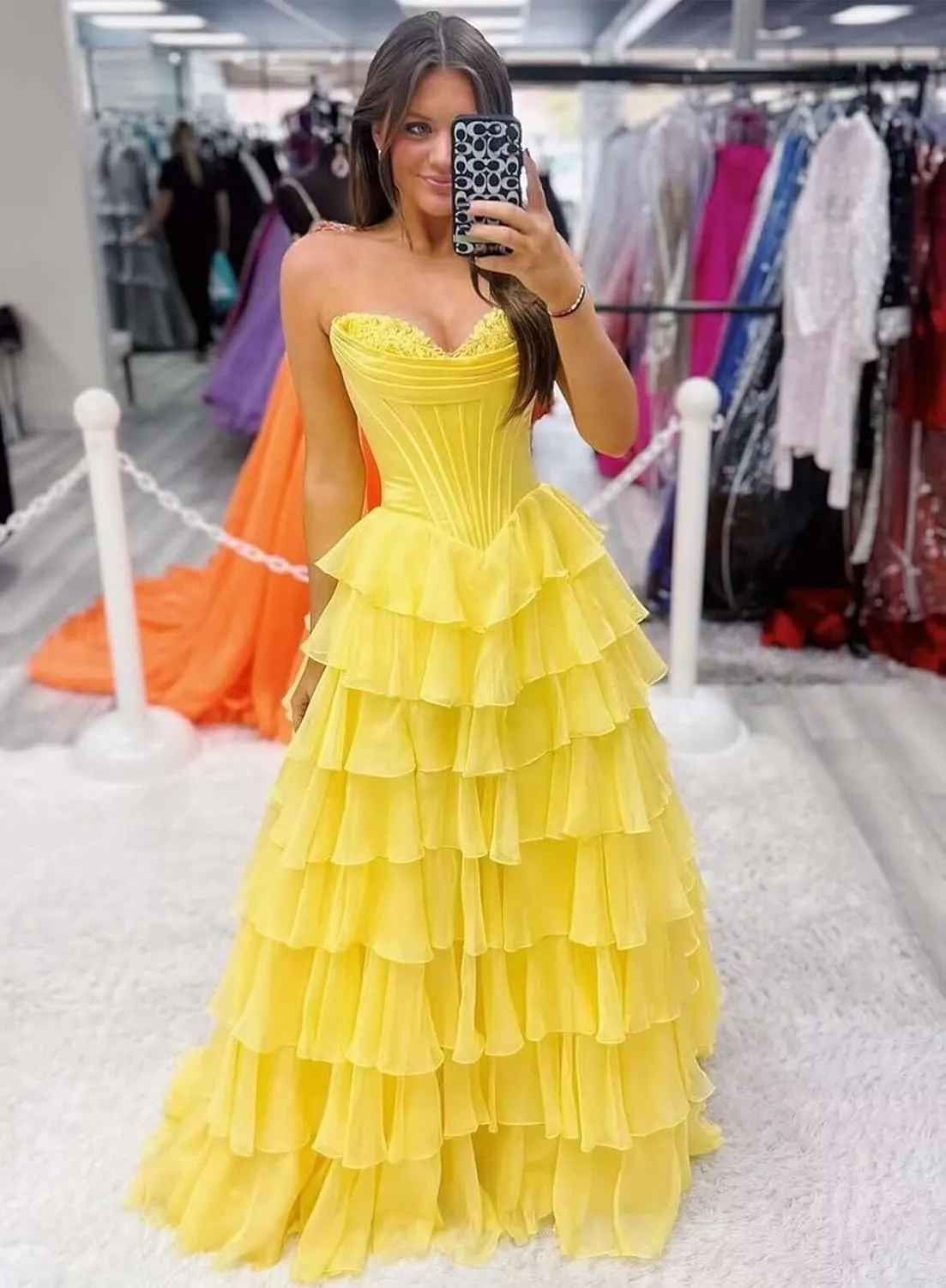 TORYEMY Strapless Corset Prom Dresses for Women 2025 Long Tiered Ruffle Chiffon Formal Evening Gown with Slit