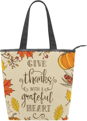 Tote Bag Thanksgiving Vintage Give Thanks Canvas Zippered Tote Handbag for Women with 2 Interior Pockets