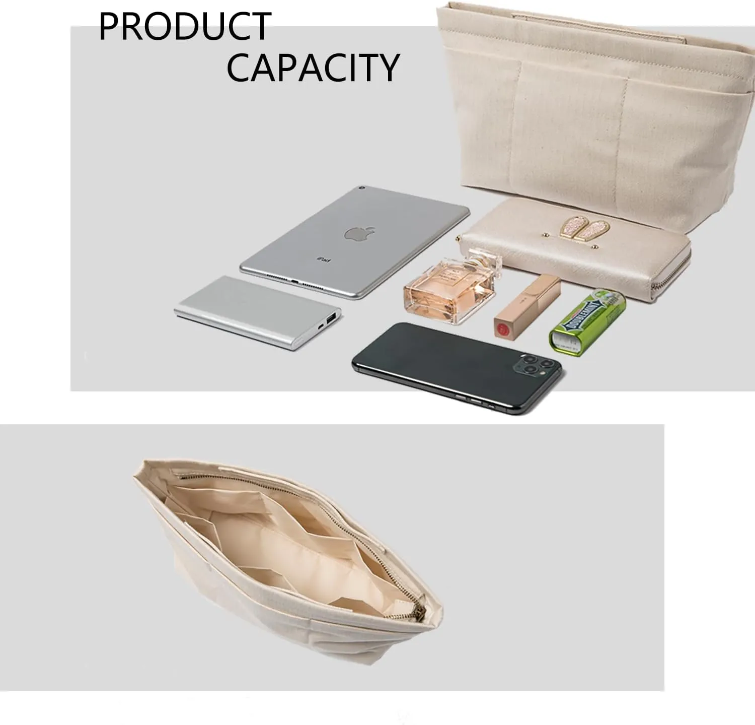Tote Purse Insert Handbag Organizer Shaper Handbag Liner Bag in Bag Divider Organizer Insert (L-With Zipper)