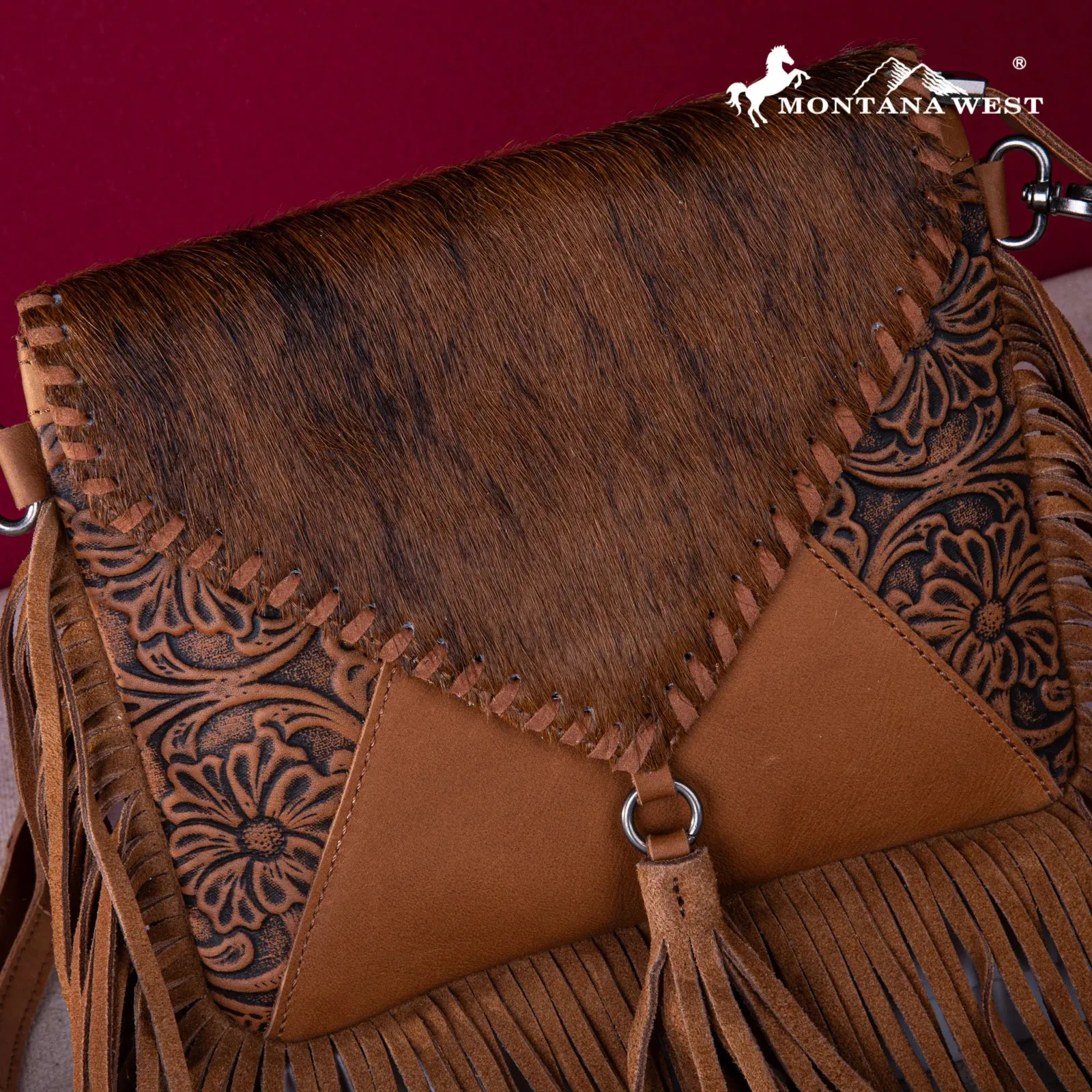 Trinity Ranch Hair On Cowhide Floral Tooled Concealed Carry Tote/Crossbody