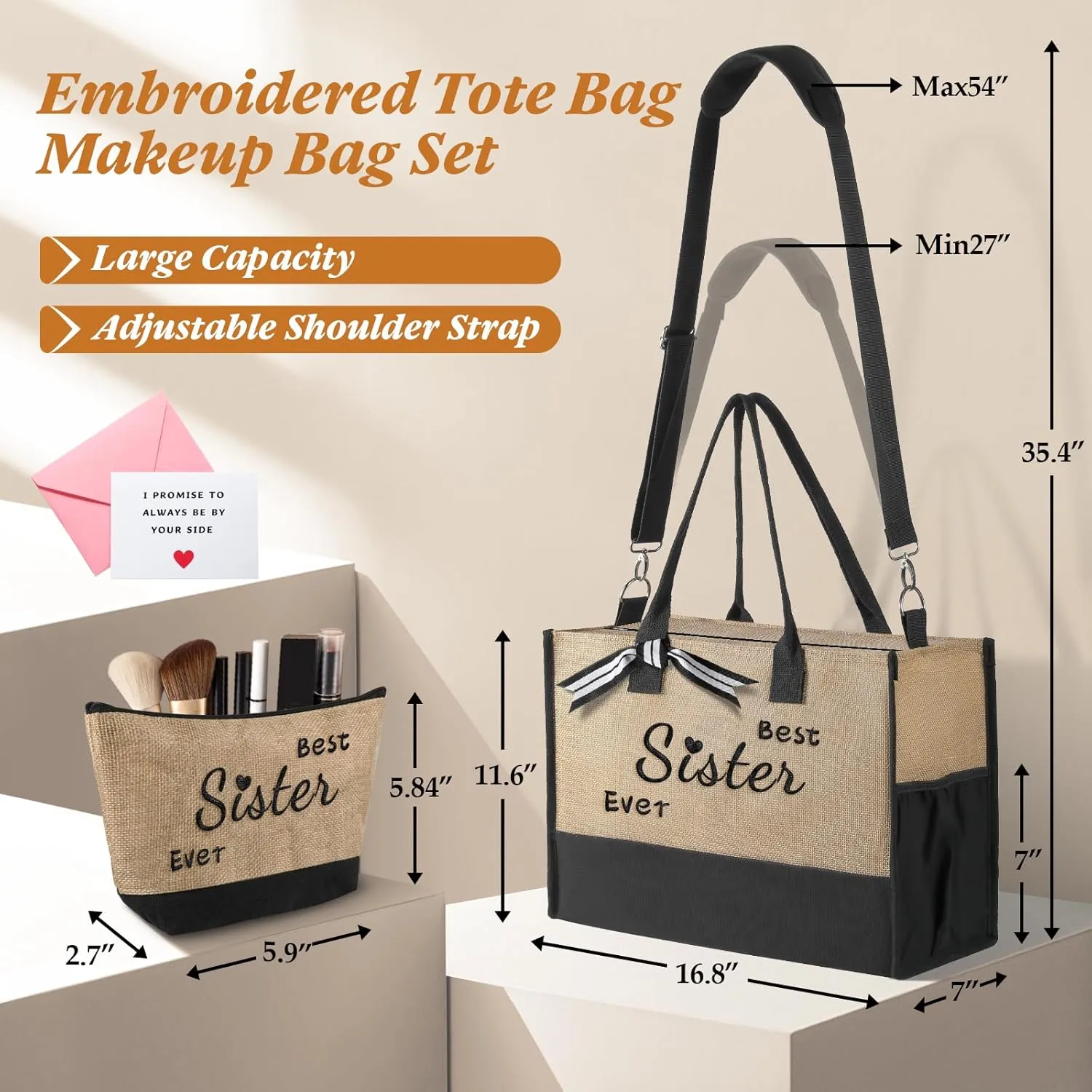 TRSODD Birthday Retirement Gifts for Women Personalized Gifts for Friend Sister Bridesmaid Teacher Jute Tote Bag and Makeup Bag