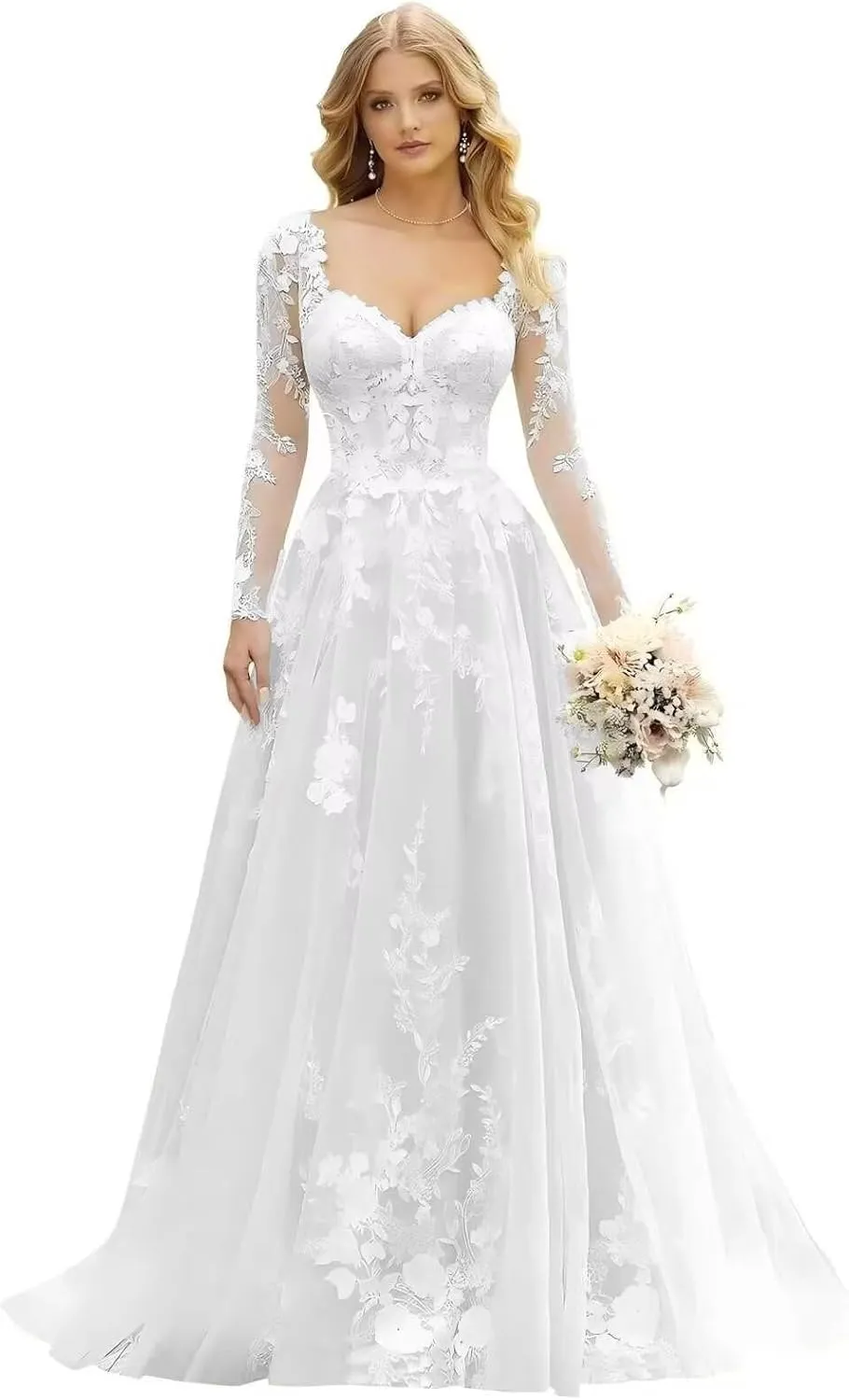 Tsbridal Lace Long Sleeve Wedding Dresses for Bride 2025 Ball Gown Beach Boho Wedding Gowns