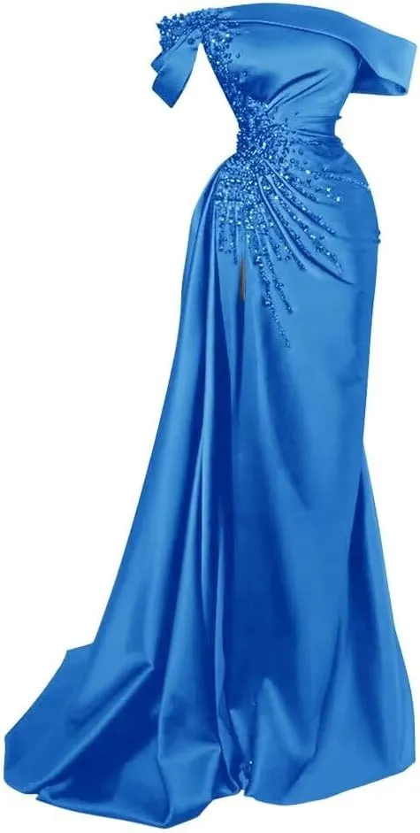 Tsbridal Mermaid Beads Prom Dress for Women with Slit Satin Long Off The Shoulder Formal Evening Party Gown