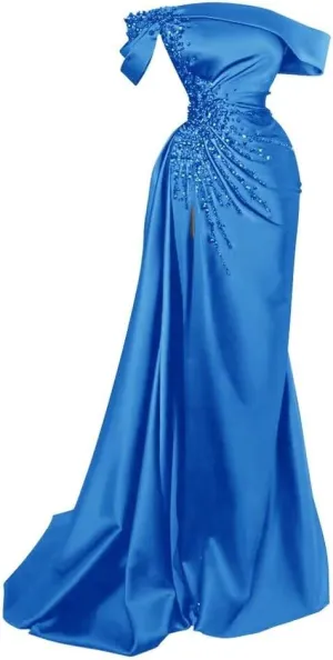 Tsbridal Mermaid Beads Prom Dress for Women with Slit Satin Long Off The Shoulder Formal Evening Party Gown