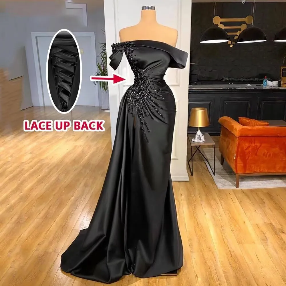Tsbridal Mermaid Beads Prom Dress for Women with Slit Satin Long Off The Shoulder Formal Evening Party Gown