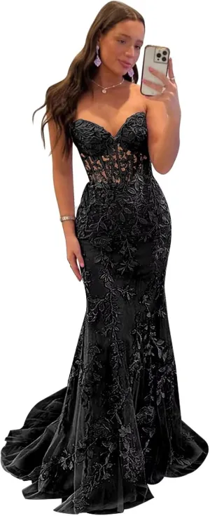 Tulle Lace Appliques Prom Dress 2025 Long Mermaid Strapless Ball Gown Evening Dresses for Women