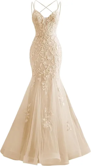Tulle Mermaid Prom Dresses Lace Applique Spaghetti Straps Wedding Party Dresses for Women
