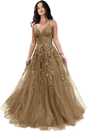 Tulle Prom Dresses for Women 2025 Sparkly Lace Appliques Long Ball Gowns Spaghetti Straps A-Line Evening Gowns