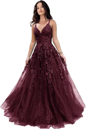 Tulle Prom Dresses for Women 2025 Sparkly Lace Appliques Long Ball Gowns Spaghetti Straps A-Line Evening Gowns
