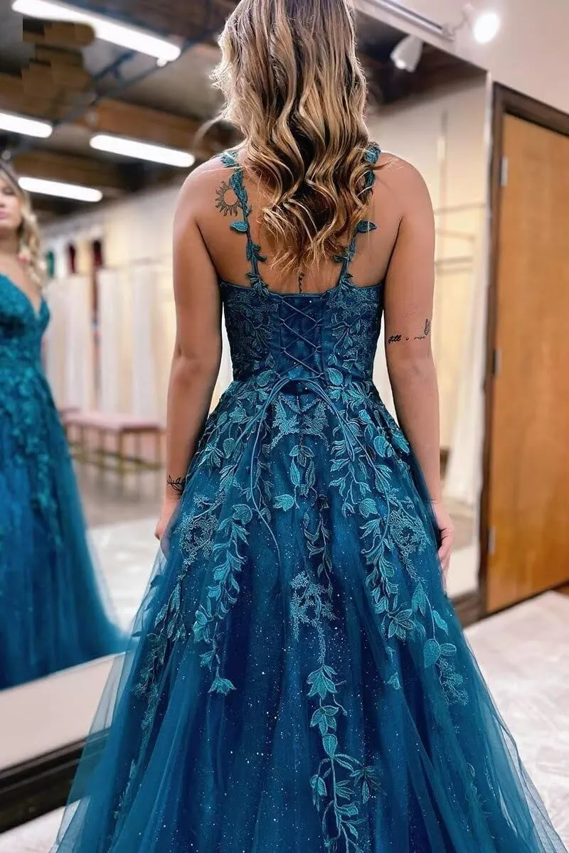 Tulle Prom Dresses Lace Appliques Sparkly A Line with Slit V Neck Formal Party Dress