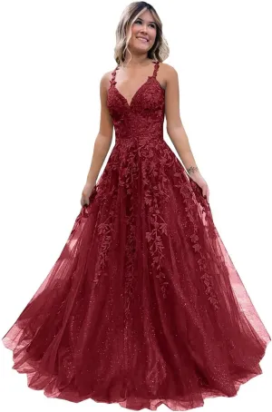 Tulle Prom Dresses Lace Appliques Sparkly A Line with Slit V Neck Formal Party Dress