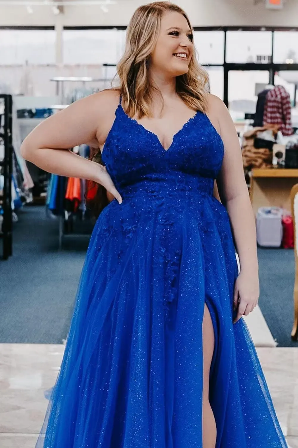 Tulle Prom Dresses Lace Appliques Sparkly A Line with Slit V Neck Formal Party Dress