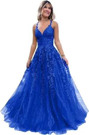 Tulle Prom Dresses Lace Appliques Sparkly A Line with Slit V Neck Formal Party Dress