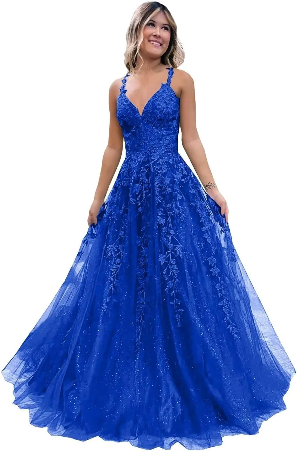 Tulle Prom Dresses Lace Appliques Sparkly A Line with Slit V Neck Formal Party Dress