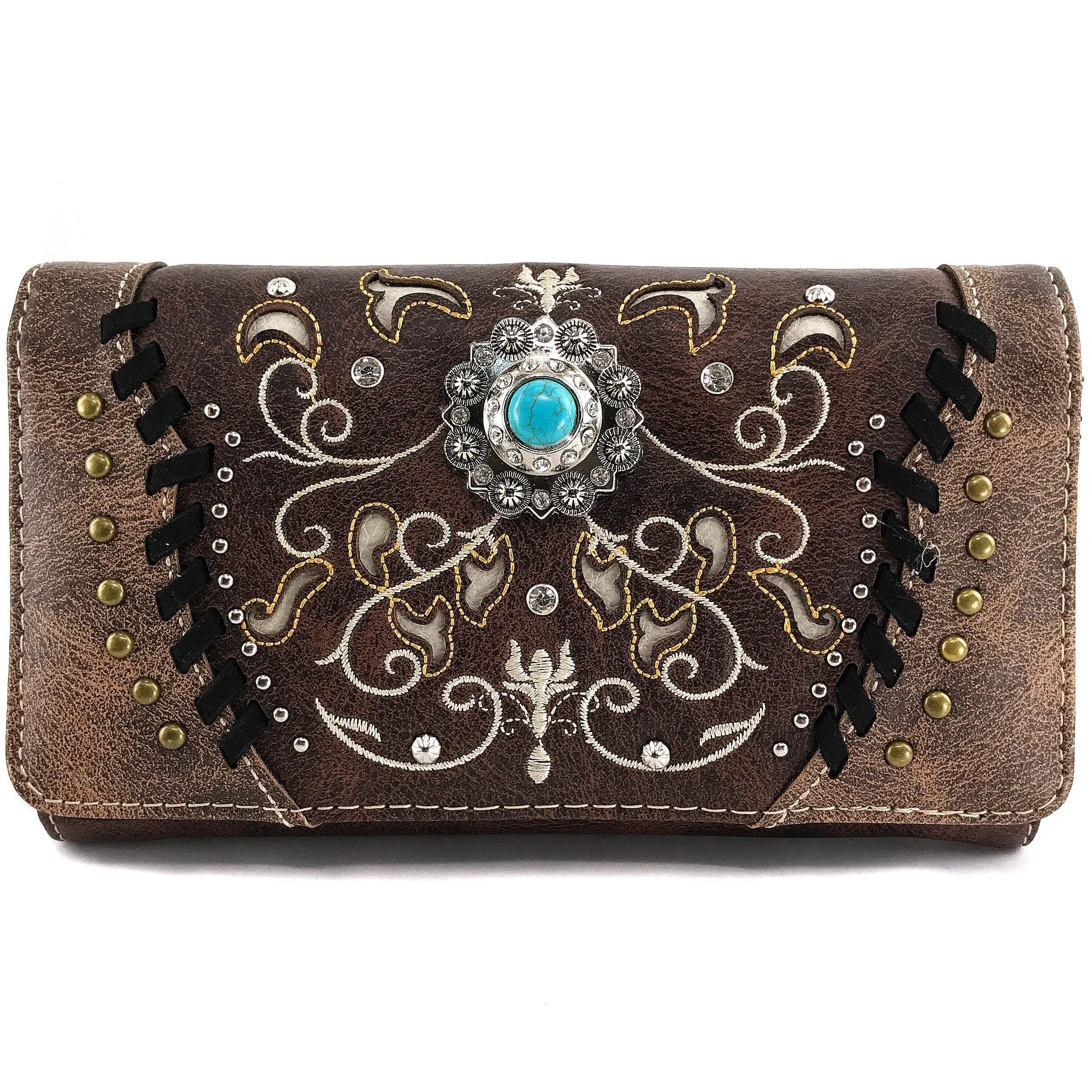 Turquoise Concho Floral Embroidery Crossbody Wallet
