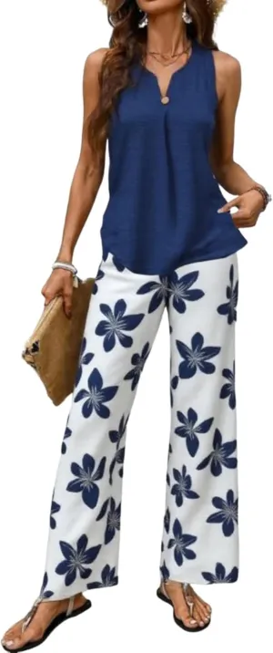 Two Piece Sets for Women Summer Outfits Lounge Sets Dark Blue Tops and Floral Print Pants Beach Vacation Outfits