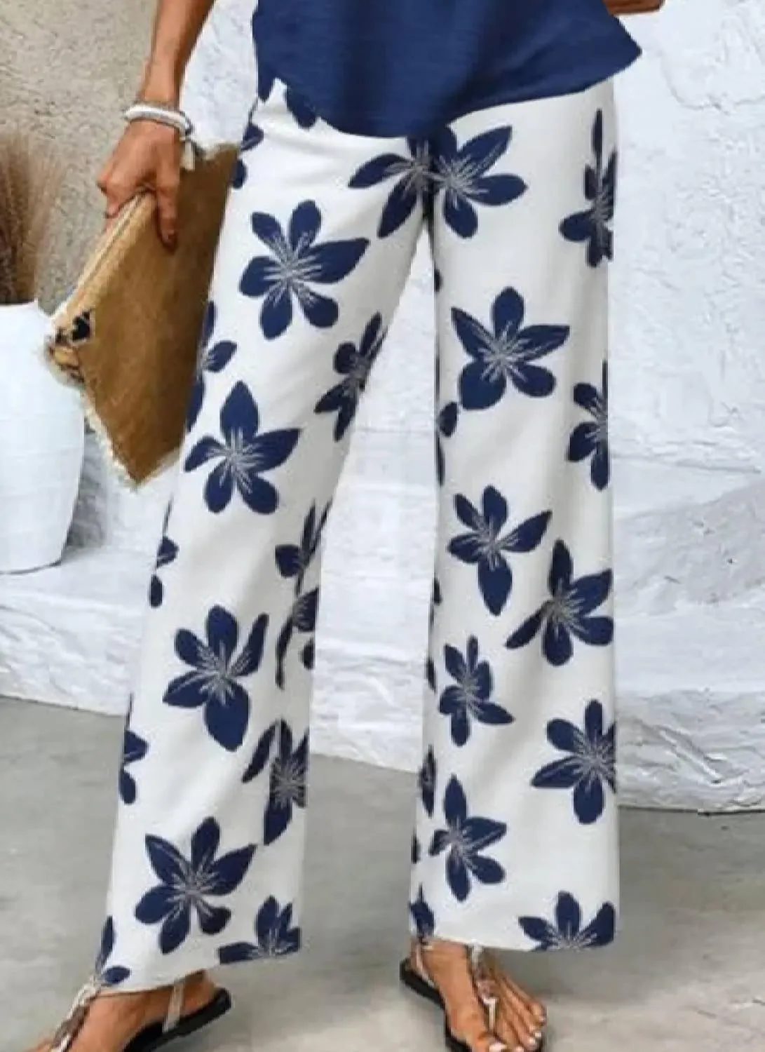 Two Piece Sets for Women Summer Outfits Lounge Sets Dark Blue Tops and Floral Print Pants Beach Vacation Outfits