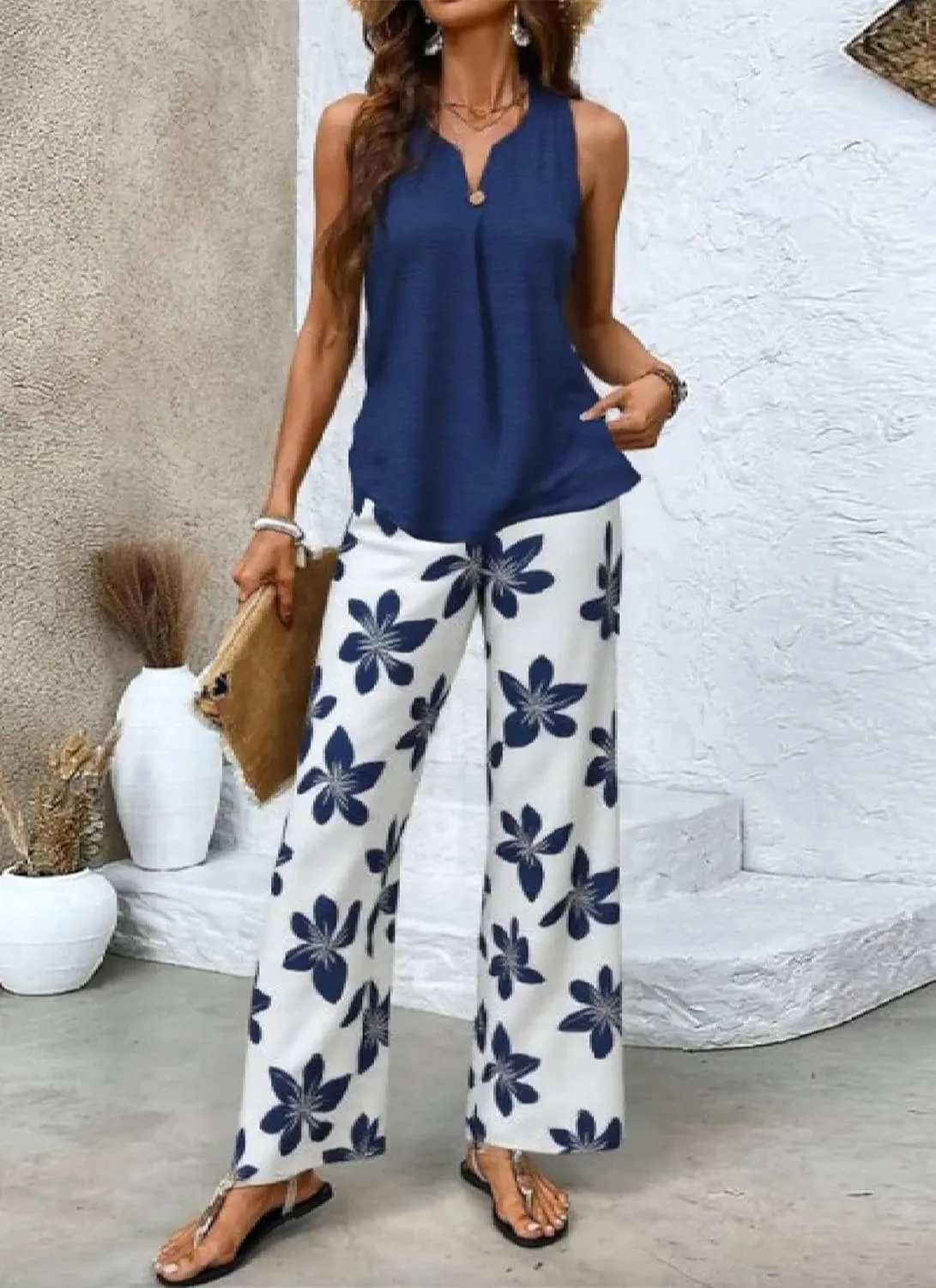 Two Piece Sets for Women Summer Outfits Lounge Sets Dark Blue Tops and Floral Print Pants Beach Vacation Outfits