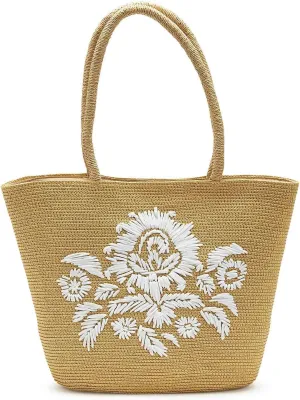 Two's Company Woven Paper Tote Bag With Embroidered Floral Motif