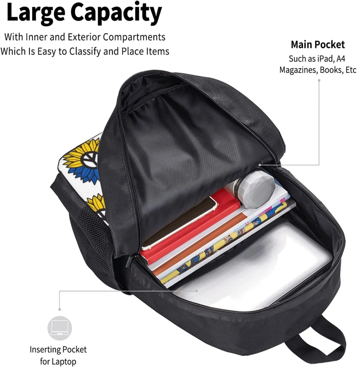 Ukraine Sunflower Flag Casual Backpacks Large Capacity Backpack Laptop Rucksack Sport Daypack Commuter Bags with Adjustable Strap for Traveling Camping