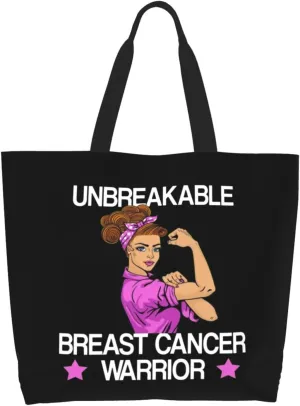 Unbreakable Breast Cancer Warrior Canvas Tote Bags for Women, Ladies Shoulder Handbags Large Purse Lightweight Foldable Reusable Shopping Bag with Pockets for Work, Travel, 15.7x19.7in