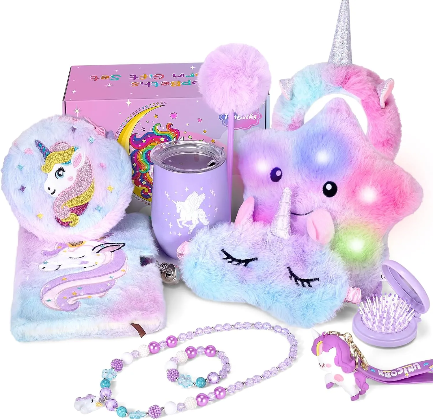 Unicorns Gifts for Girls Age 5 6 7 8 9 10 Years Old, Kids Unicorn Toy with Light Up Plush Star Pillow, Diary, Headband, Eye Mask, Water Bottle, Teen Soft Plush Toys Set for Birthday Gift Christmas