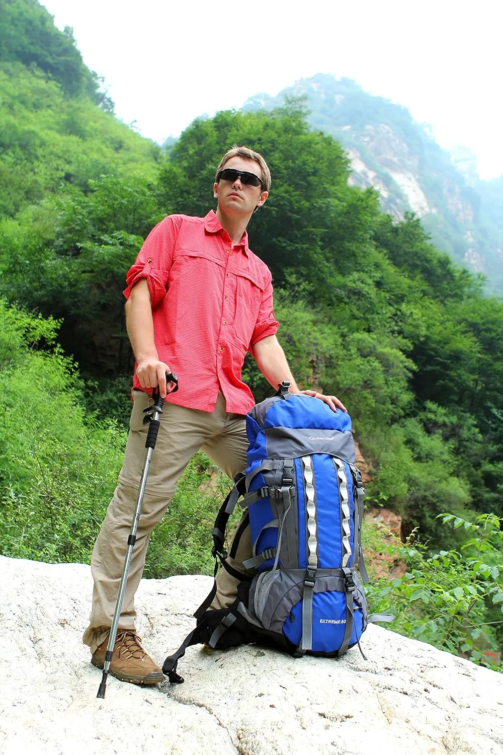 UNISTRENGH 80L Internal Frame Backpacks Outdoor Nylon Hiking Backpack Water-resistant Trekking Bag with Rain Cover for Camping Mountaineering Traveling (Blue)