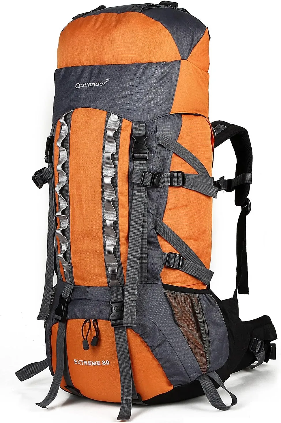 UNISTRENGH 80L Internal Frame Backpacks Outdoor Nylon Hiking Backpack Water-resistant Trekking Bag with Rain Cover for Camping Mountaineering Traveling (Orange)