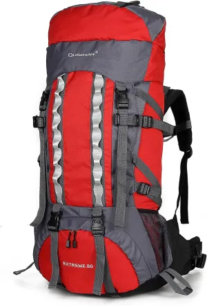 UNISTRENGH 80L Internal Frame Backpacks Outdoor Nylon Hiking Backpack Water-resistant Trekking Bag with Rain Cover for Camping Mountaineering Traveling (Red)