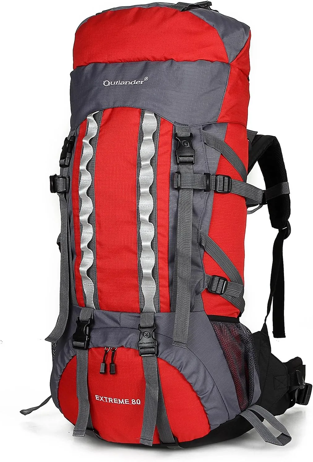 UNISTRENGH 80L Internal Frame Backpacks Outdoor Nylon Hiking Backpack Water-resistant Trekking Bag with Rain Cover for Camping Mountaineering Traveling (Red)