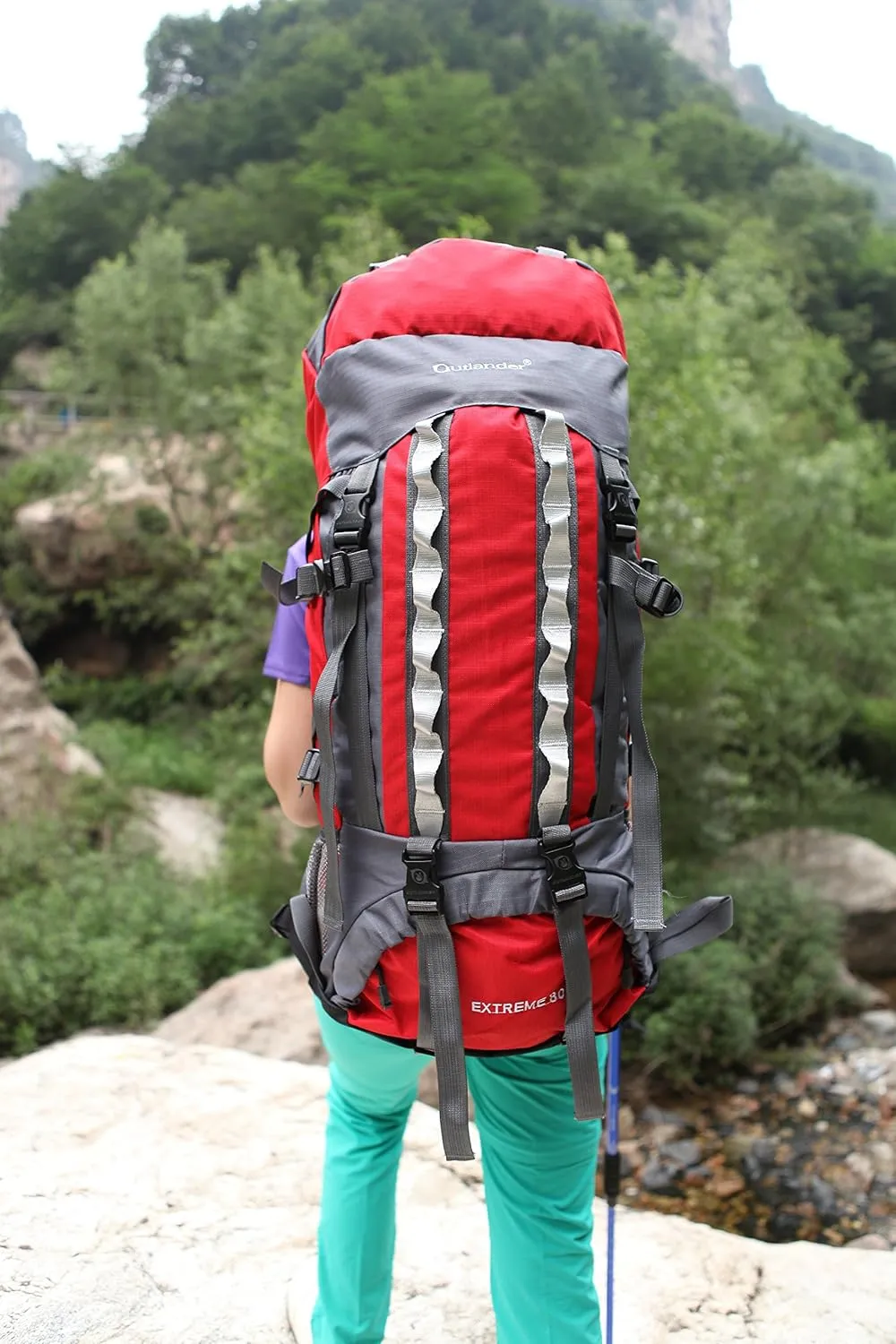 UNISTRENGH 80L Internal Frame Backpacks Outdoor Nylon Hiking Backpack Water-resistant Trekking Bag with Rain Cover for Camping Mountaineering Traveling (Red)