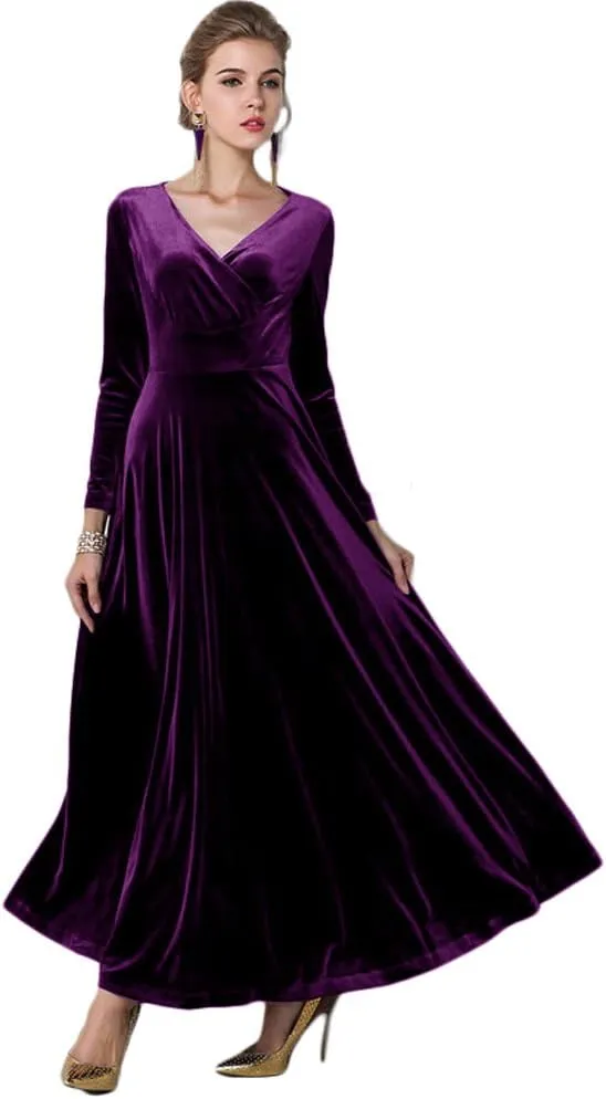 Urban CoCo Women Long Sleeve V-Neck Velvet Stretchy Long Dress