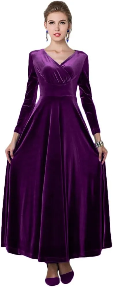 Urban CoCo Women Long Sleeve V-Neck Velvet Stretchy Long Dress
