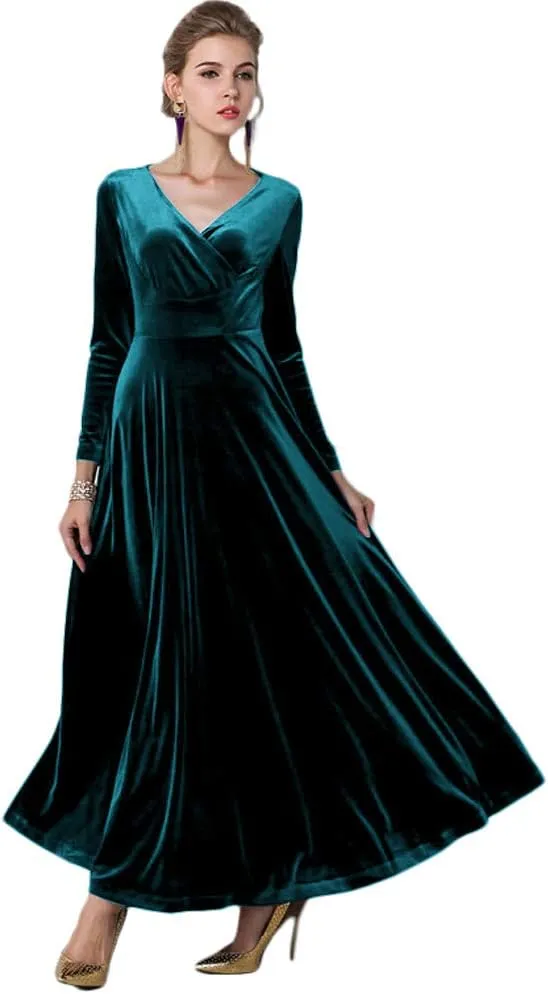 Urban CoCo Women Long Sleeve V-Neck Velvet Stretchy Long Dress