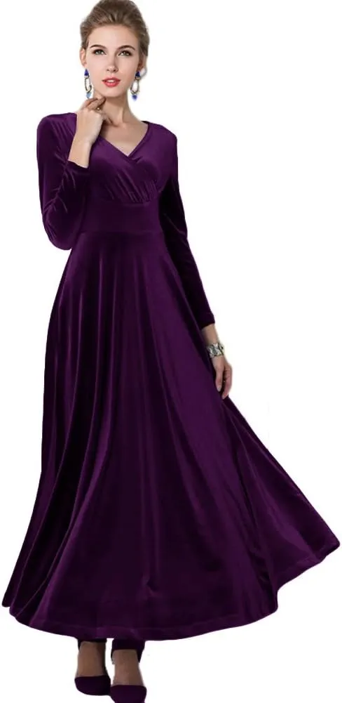 Urban CoCo Women Long Sleeve V-Neck Velvet Stretchy Long Dress