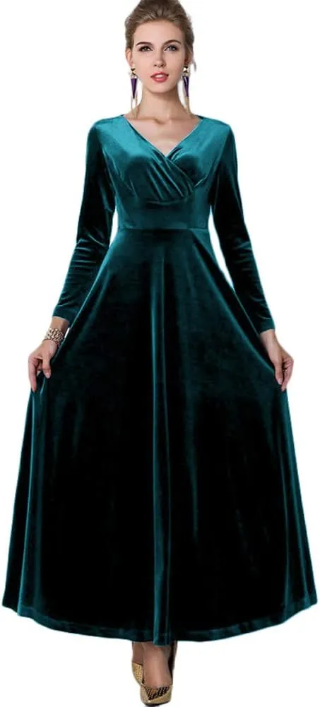 Urban CoCo Women Long Sleeve V-Neck Velvet Stretchy Long Dress