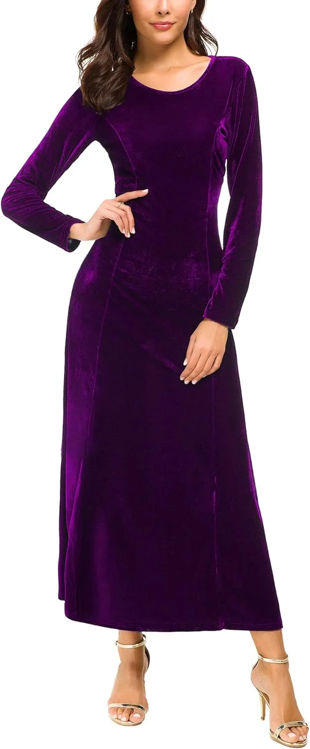 Urban CoCo Women's Elegant Long Sleeve Ruched Velvet Stretchy Long Dress