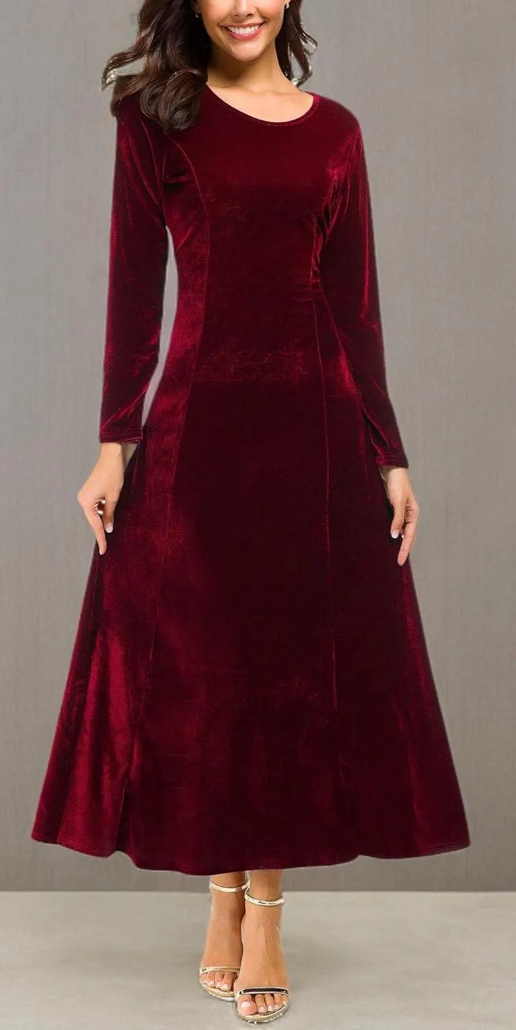 Urban CoCo Women's Elegant Long Sleeve Ruched Velvet Stretchy Long Dress