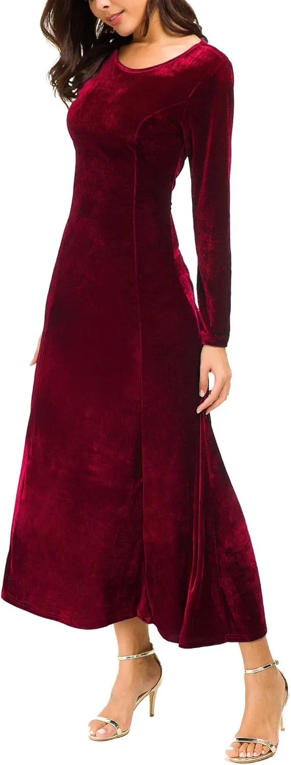 Urban CoCo Women's Elegant Long Sleeve Ruched Velvet Stretchy Long Dress