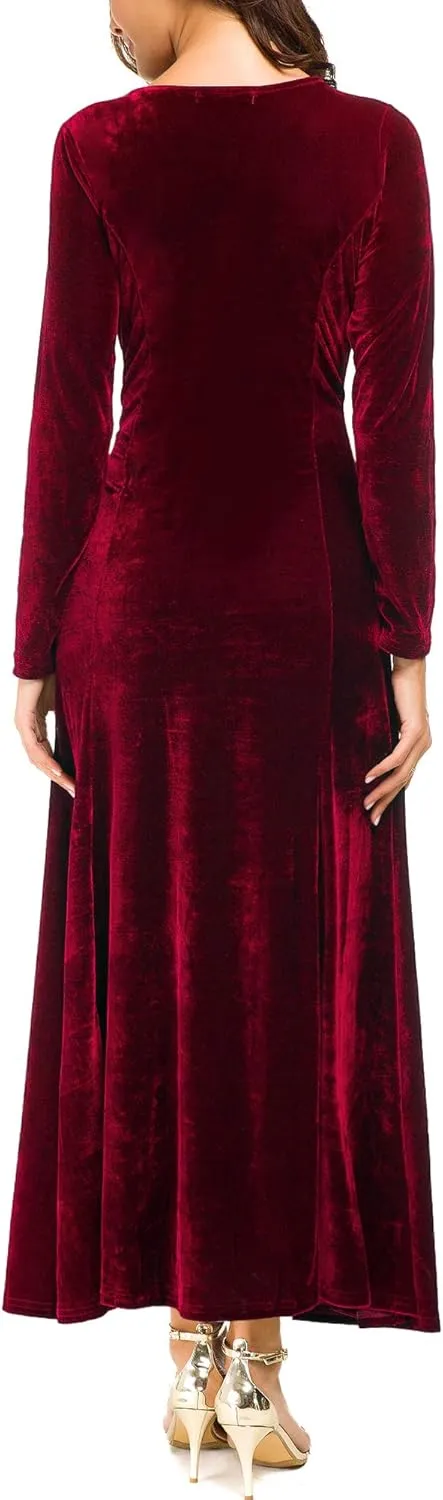 Urban CoCo Women's Elegant Long Sleeve Ruched Velvet Stretchy Long Dress