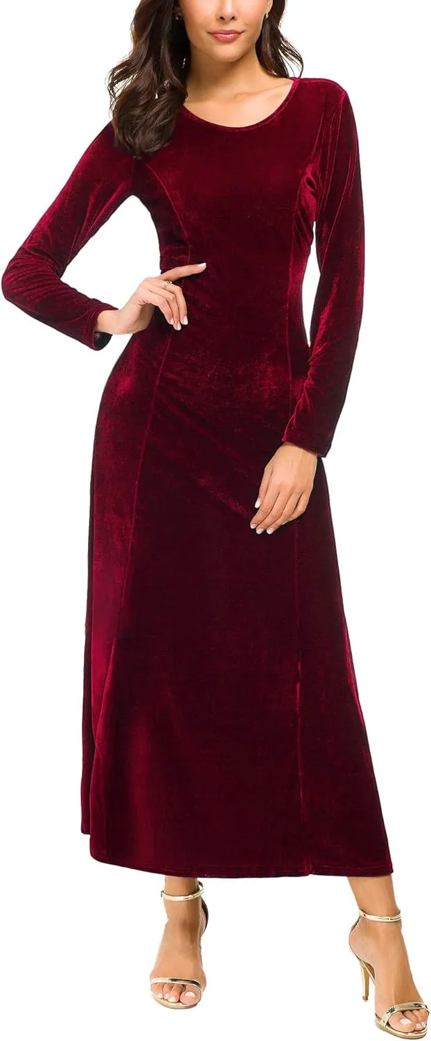 Urban CoCo Women's Elegant Long Sleeve Ruched Velvet Stretchy Long Dress