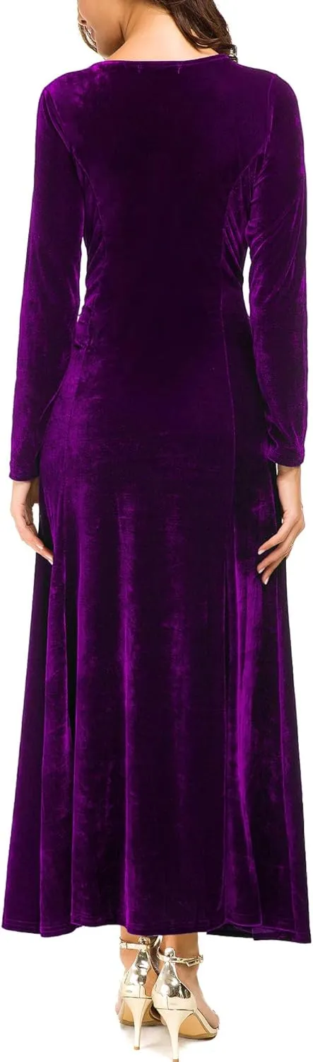 Urban CoCo Women's Elegant Long Sleeve Ruched Velvet Stretchy Long Dress