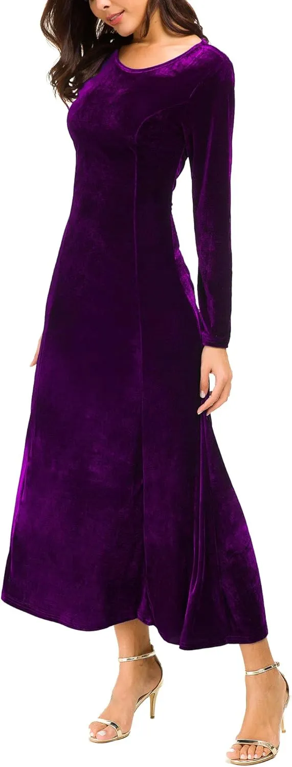 Urban CoCo Women's Elegant Long Sleeve Ruched Velvet Stretchy Long Dress