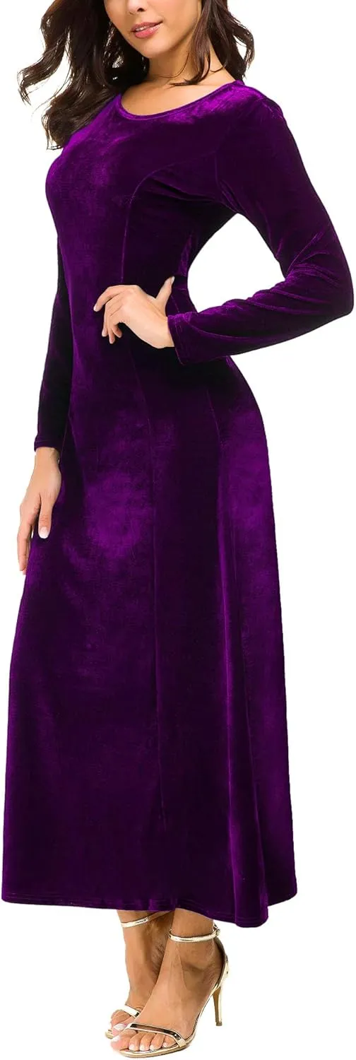 Urban CoCo Women's Elegant Long Sleeve Ruched Velvet Stretchy Long Dress