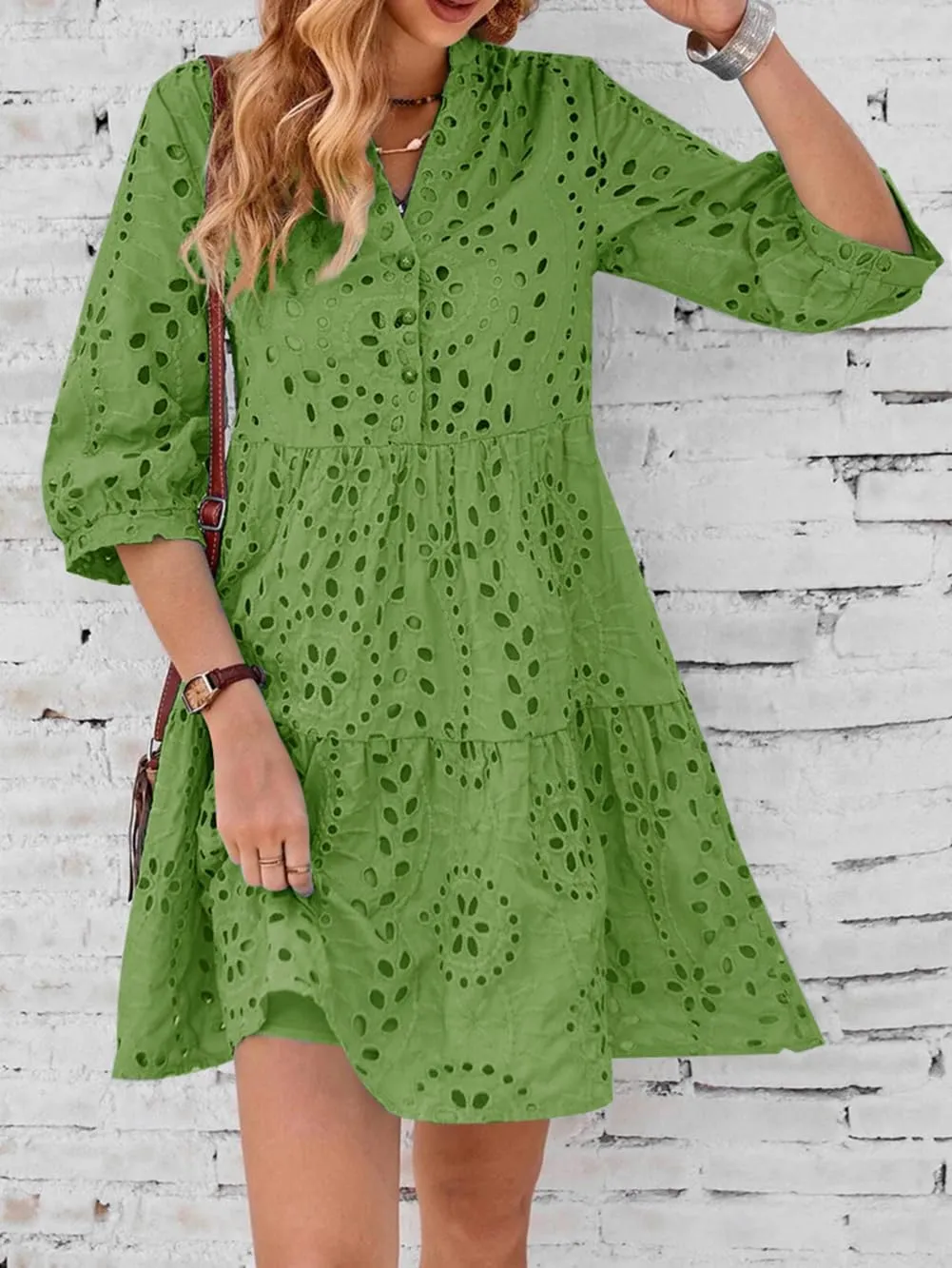 utcoco Women's 2025 Eyelet Lace Midi Dress V Neck Puff 3/4 Sleeve Button Tiered Sexy A Line Sun Dress