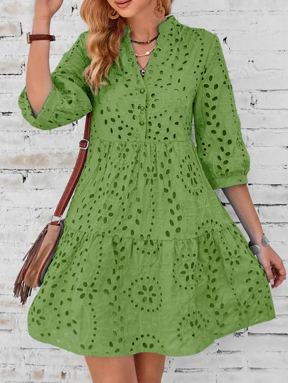 utcoco Women's 2025 Eyelet Lace Midi Dress V Neck Puff 3/4 Sleeve Button Tiered Sexy A Line Sun Dress