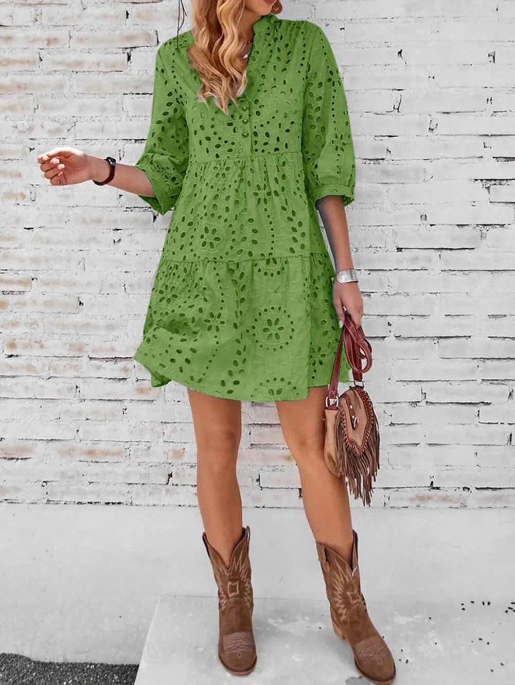 utcoco Women's 2025 Eyelet Lace Midi Dress V Neck Puff 3/4 Sleeve Button Tiered Sexy A Line Sun Dress